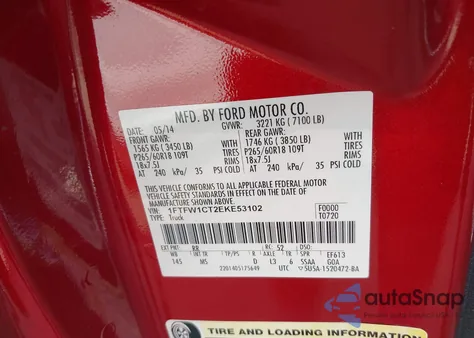 2014 Ford F-150 Xlt из США, поврежденный, VIN 1FTFW1CT2EKE53102